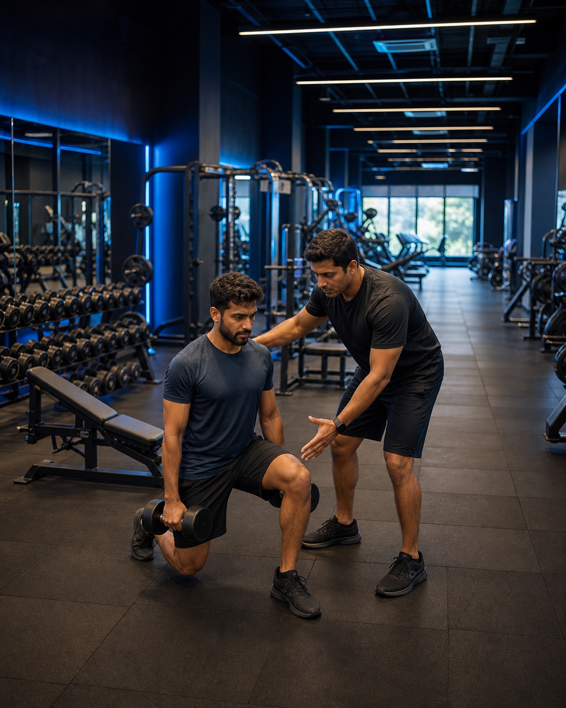 A male trainer guiding a male member in a spacious gym