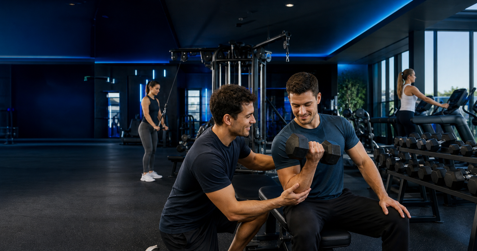 A trainer supporting a member during a dumbbell exercise in a modern gym