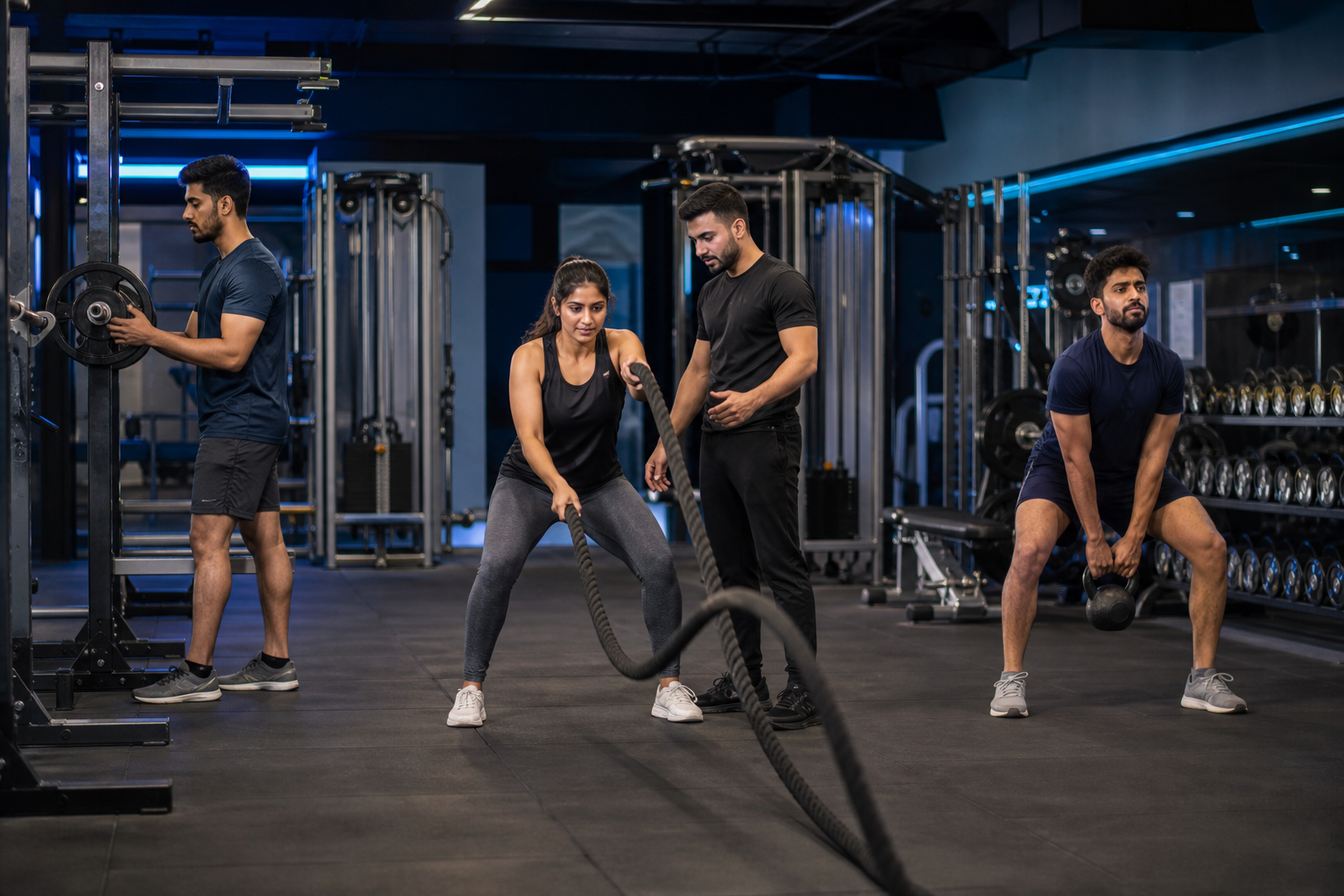 Members training together with a coach in a modern gym